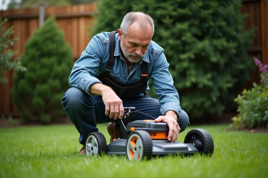 Homme en tenue de travail retire la batterie d'une tondeuse électrique dans le jardin