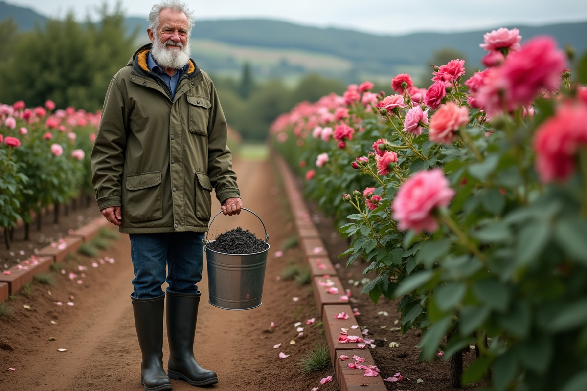 Homme âgé avec seau de cendre près des rosiers