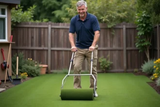 Homme d'âge moyen roulant un gazon artificiel dans un jardin