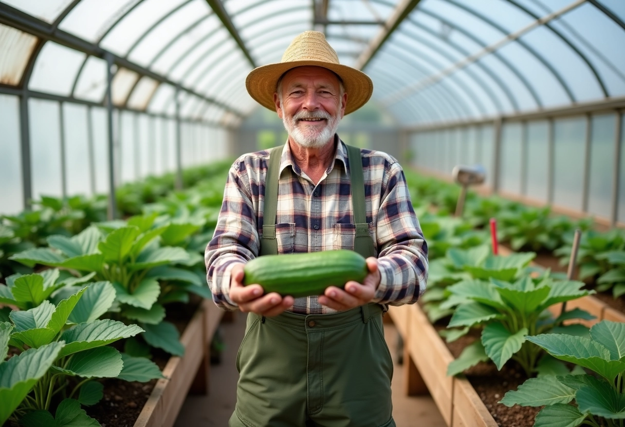 Homme âgé dans une serre tenant un concombre fraîchement récolté