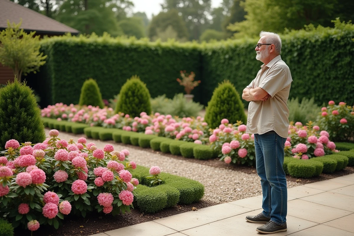 Homme âgé observant un massif de rhododendrons en extérieur