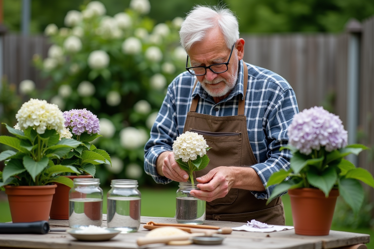 Homme taillant une hydrangea dans le jardin en été