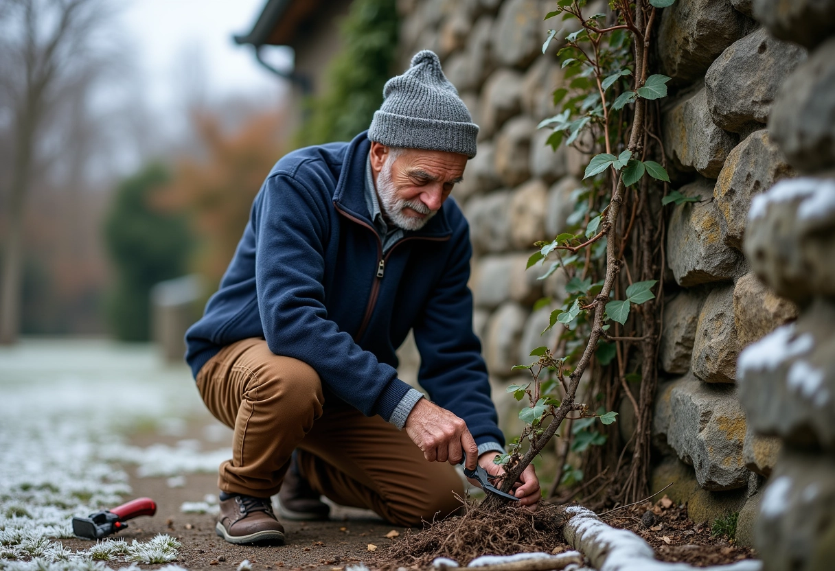 Homme âgé taillant un rosier contre un mur en pierre en hiver