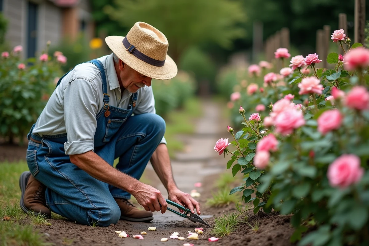 Homme âgé taillant des roses avec des ciseaux dans le jardin