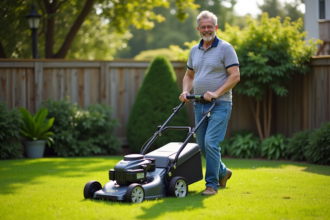Homme souriant utilisant une tondeuse électrique dans le jardin