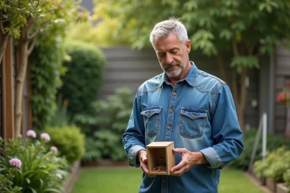 Homme d age moyen tenant une trappe à hornet dans un jardin