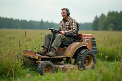 Homme d'âge moyen en pantalon de travail et casque écouteurs sur un coupe-bousse en pleine nature
