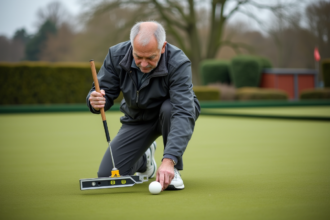 Homme vérifiant la surface du bowling avec un niveau