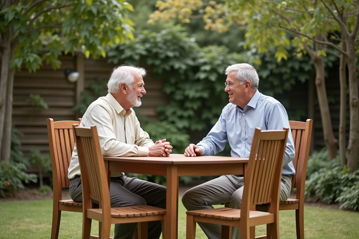 Deux hommes âgés testant des chaises de jardin en bois