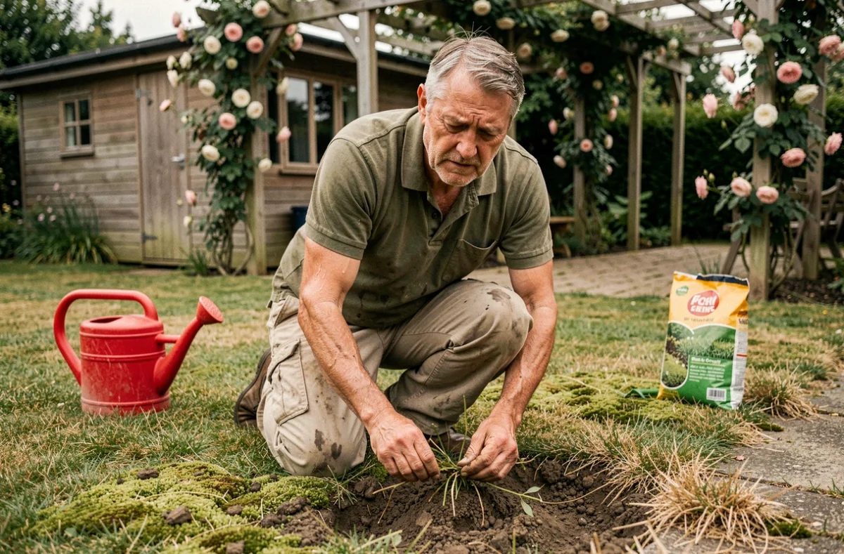 Homme entretenant un gazon anglais abîmé avec efforts visibles, illustrant les inconvénients de la tonte régulière