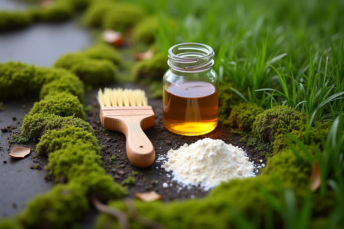 Ingrédients naturels pour enlever la mousse d'une pelouse : vinaigre et bicarbonate sur gazon