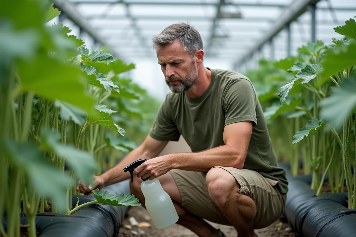 Homme inspectant les feuilles d'un plant de melon sous serre avec un vaporisateur d'eau