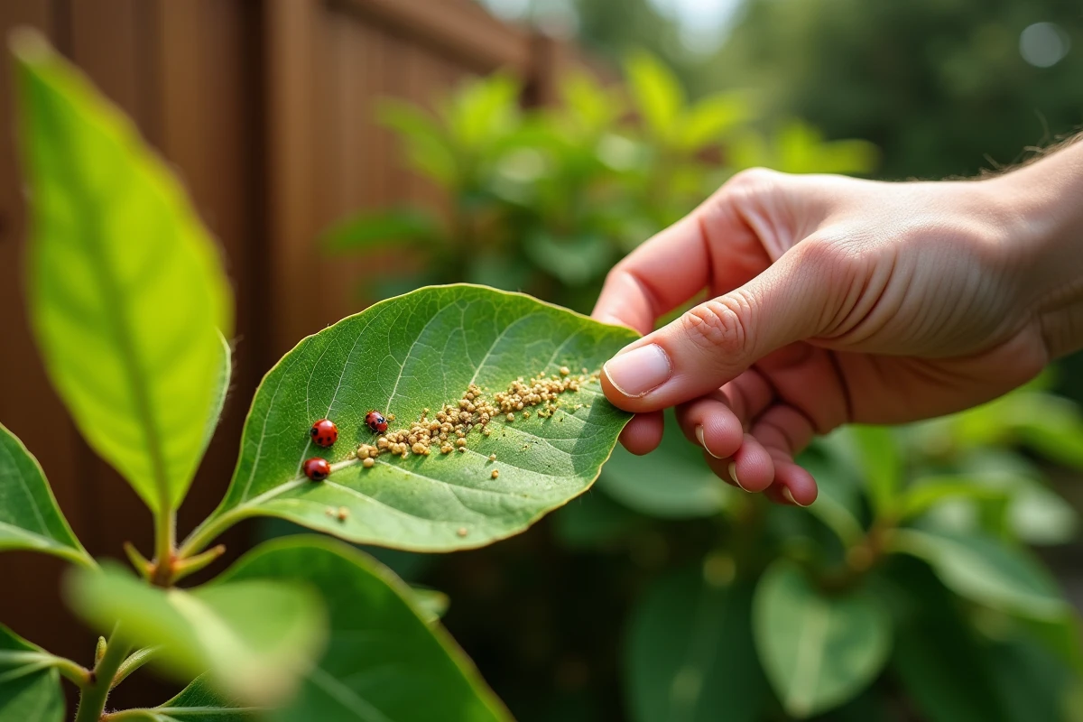 Main de jardinier inspectant le dessous d'une feuille de laurier rose infestée de pucerons et recouverte de miellat collant