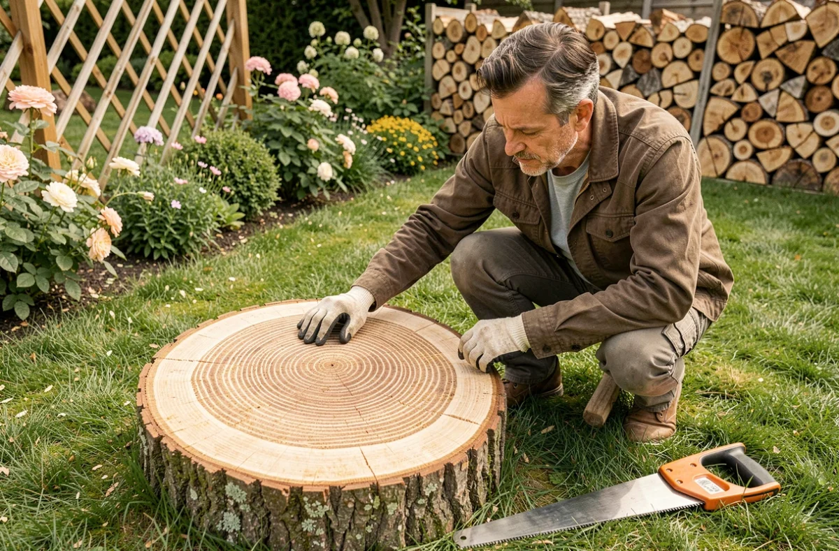 Homme inspectant une souche d'arbre fraîchement coupée dans un jardin soigné après abattage