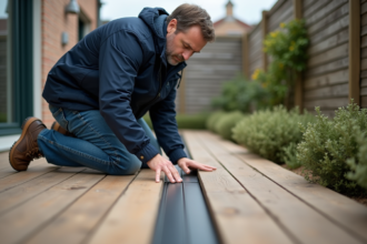 Homme posant une bande antidérapante sur une terrasse en bois