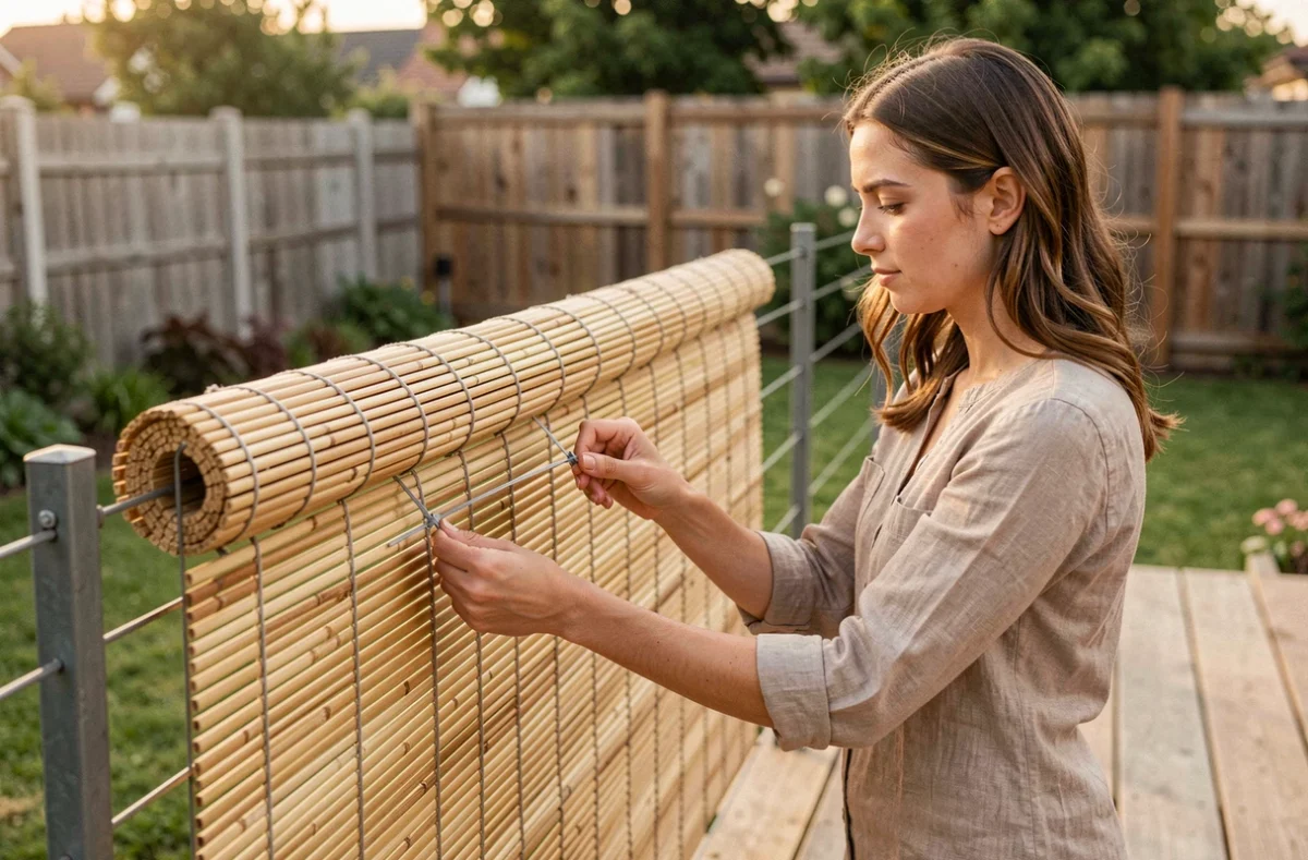Femme installant un brise vue en bambou sur une clôture de jardin locatif avec des colliers de serrage sans perçage