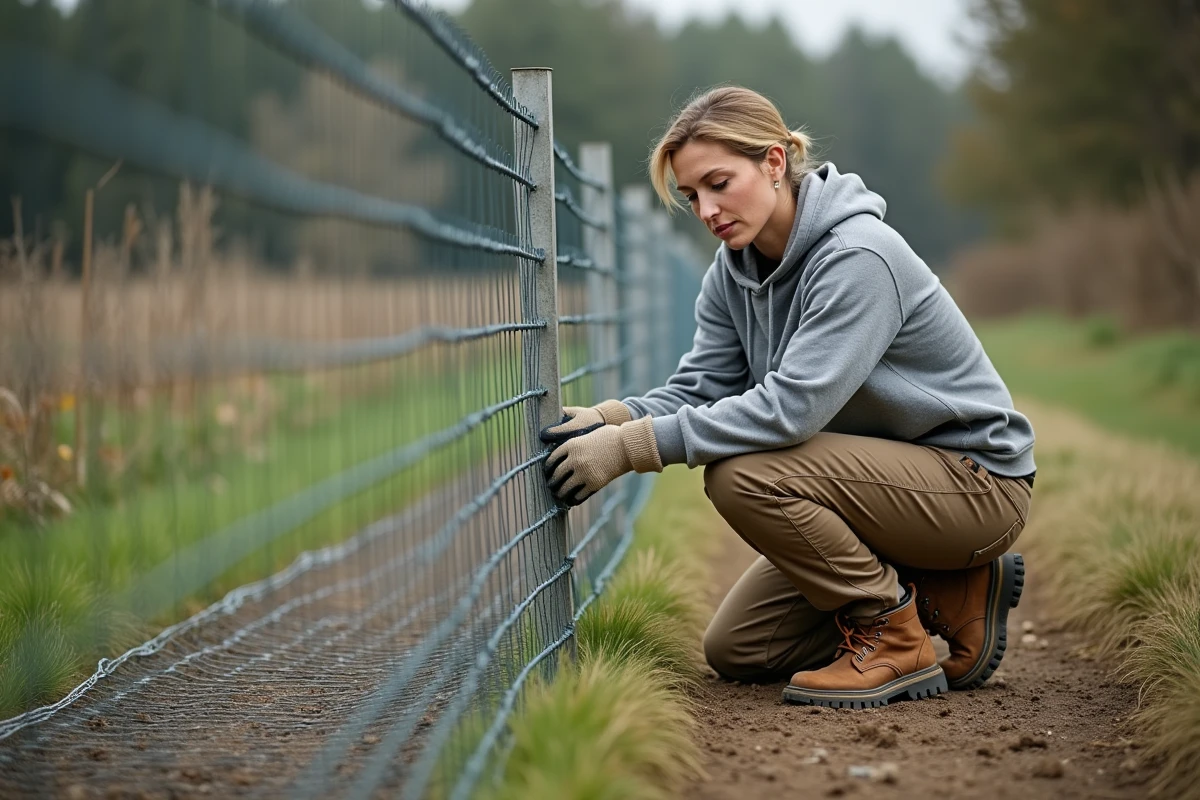 Femme fixant un grillage galvanisé sur des piquets plantés sans utiliser de béton en limite de propriété