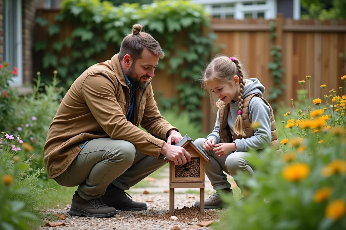 Père et fille installant un hôtel à insectes dans un jardin