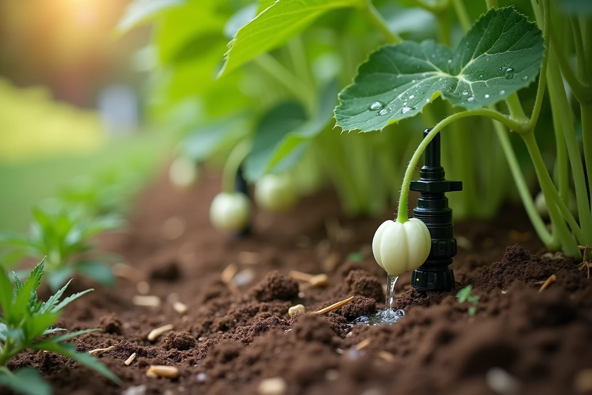 Irrigation goutte-à-goutte au pied d'un plant de melon avec paillage de paille dans un jardin potager