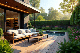 Jardin moderne avec terrasse en bois et plantes vertes