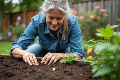 Femme en jardinage semant des haricots verts dans le sol
