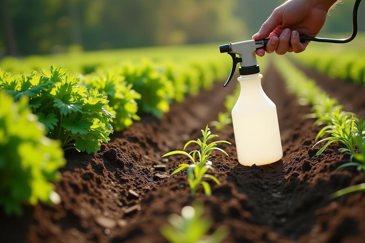 Jardin potager bien entretenu avec rangs et pulvérisateur à main