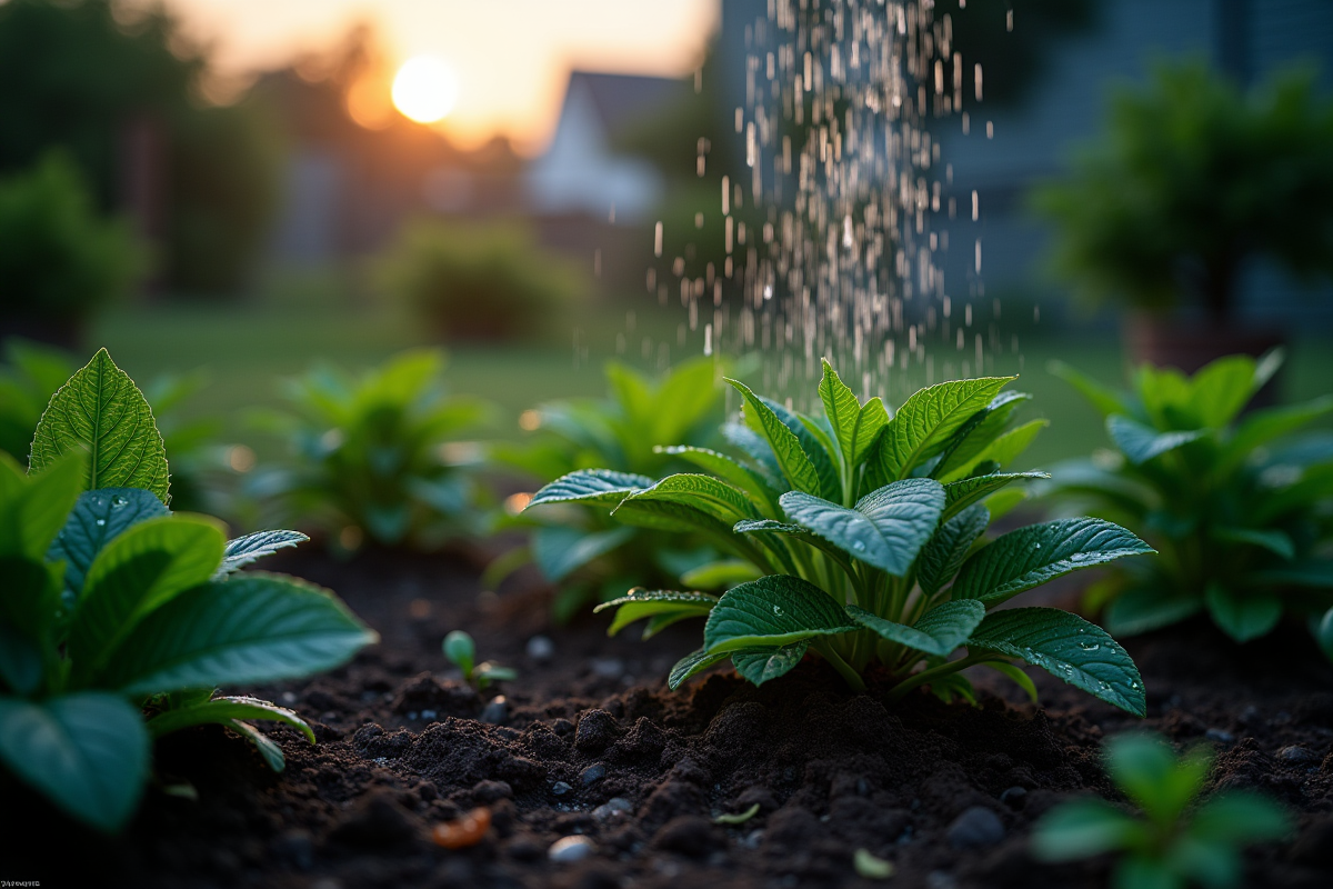 Jardin extérieur arrosé en soirée avec gouttes d eau sur les feuilles