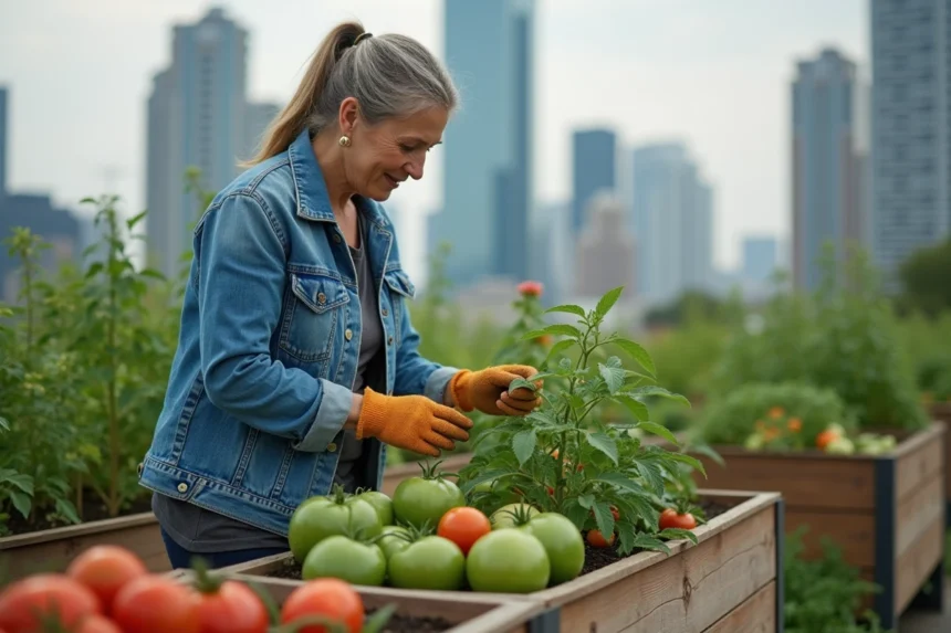 Femme en jardinage urbain avec tomates sur un toit
