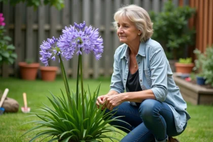 Femme en jardinage examine un agapanthus vert