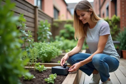 Femme ajustant un systeme d'irrigation dans son jardin urbain