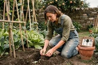 Jardinière transplantant des plants selon le calendrier lunaire 2026 dans un potager naturel