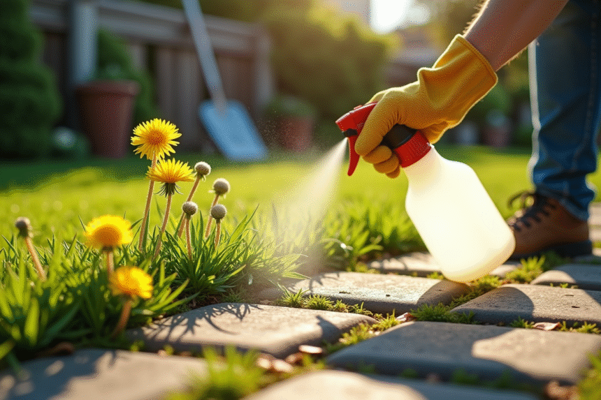 Personne utilisant un pulvérisateur pour traiter les dandelions entre pavés