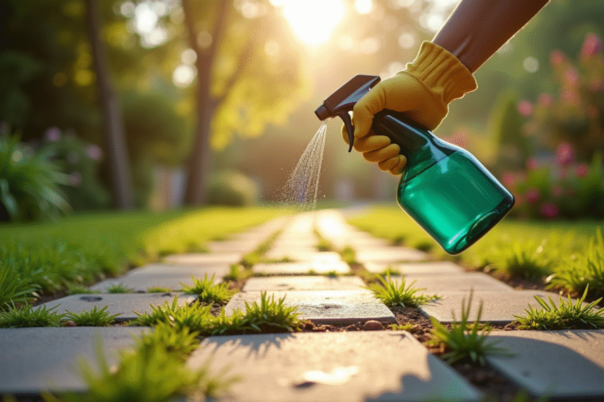 Personne utilisant un spray maison pour éliminer les mauvaises herbes