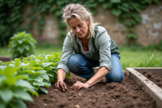 Femme de jardinage plantant des haricots verts dans un jardin français