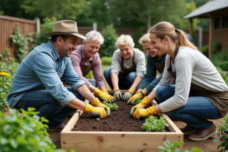 Groupe d'adultes plantant des légumes dans un jardin communautaire