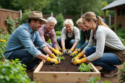 Groupe d'adultes plantant des légumes dans un jardin communautaire