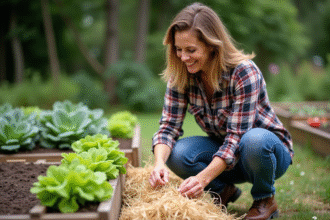 Femme au jardin en train de mulcher les légumes