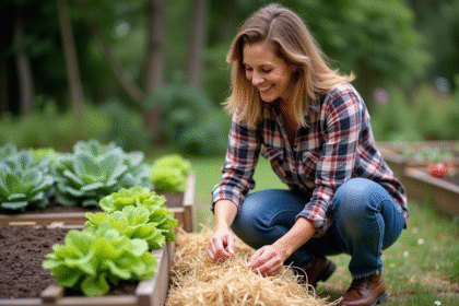 Femme au jardin en train de mulcher les légumes