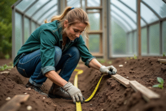 Jardiniere mesurant la tranchée de la serre avec un ruban