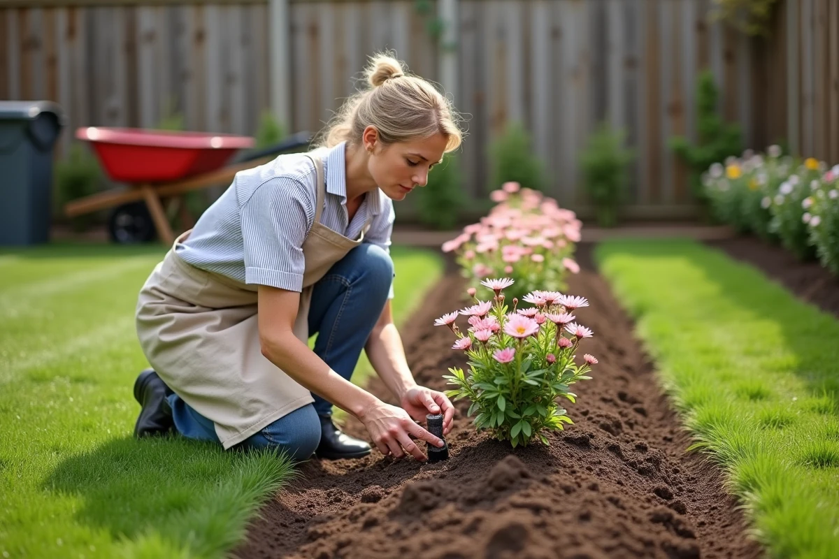 Femme jardinière plantant un arbuste fleuri rose dans une haie libre au printemps dans un jardin résidentiel, scène réaliste de jardinage