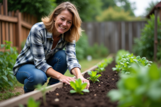 Femme souriante plantant des jeunes laitues dans son jardin