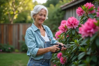 Femme en jardinage prune un rhododendron en extérieur