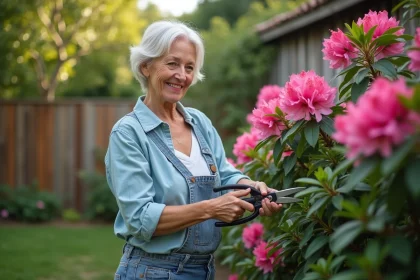 Femme en jardinage prune un rhododendron en extérieur