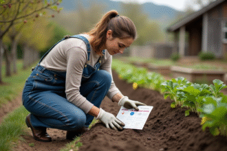 Femme en salopette semant des radis dans le jardin