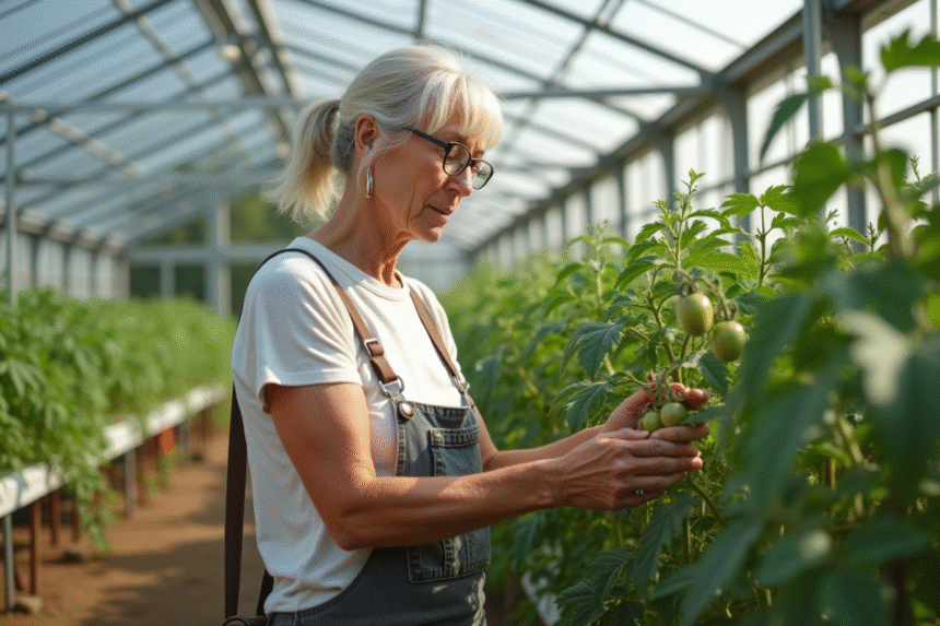 Femme moyenne âge inspectant des tomates dans une serre lumineuse