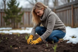 Femme moyenne âge plantant des patates douces dans le jardin