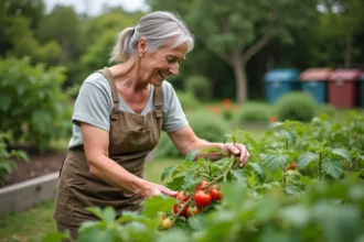 Femme en jardinage récoltant des tomates dans un jardin bio