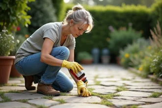 Femme de jardinage verse du vinaigre entre pavés