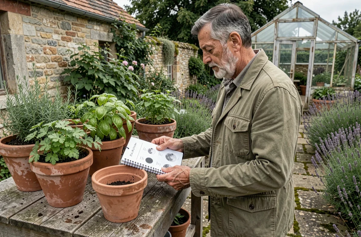 Jardinier consultant un calendrier lunaire manuscrit 2026 devant ses plants d'herbes aromatiques