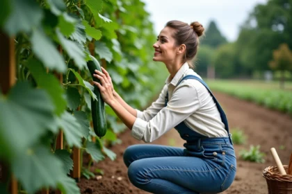 Femme en overalls cueillant des concombres dans un jardin